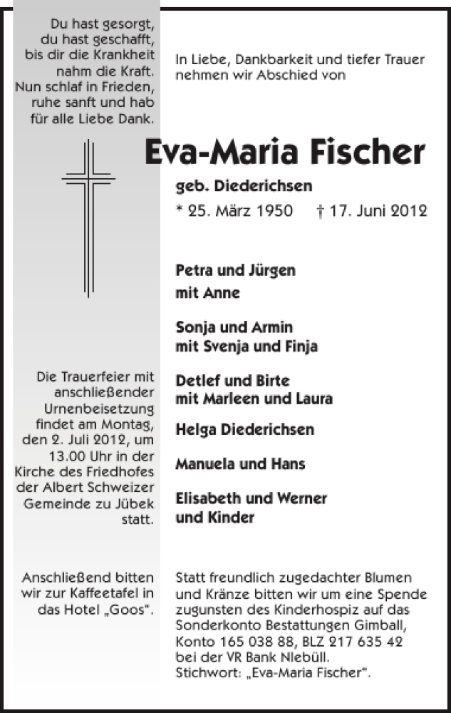  Traueranzeige für Eva-Maria Fischer vom 27.06.2012 aus Flensburger Tageblatt