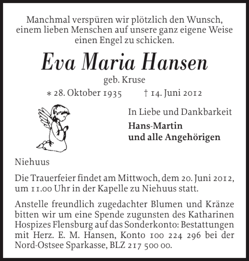  Traueranzeige für Eva Maria Hansen vom 16.06.2012 aus Flensburger Tageblatt