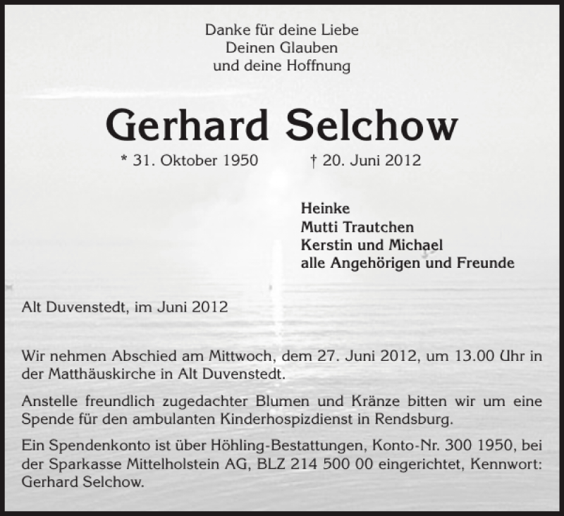  Traueranzeige für Gerhard Selchow vom 23.06.2012 aus Landeszeitung