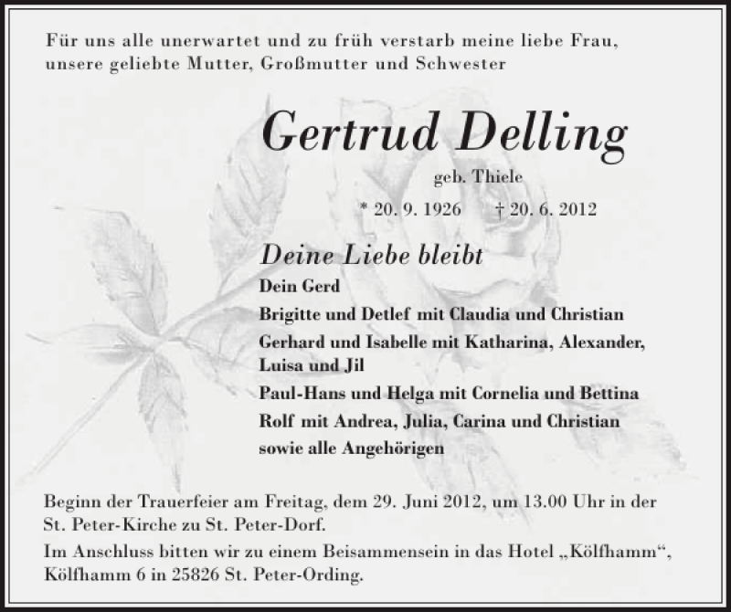  Traueranzeige für Gertrud Delling vom 23.06.2012 aus Husumer Nachrichten