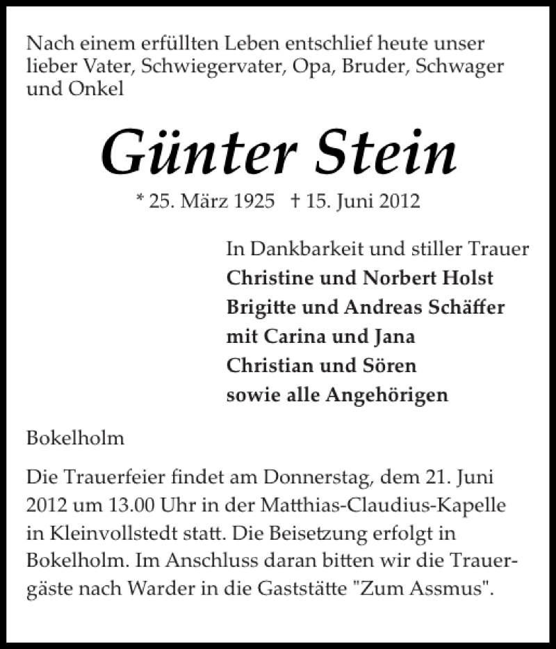 Traueranzeige für Günter Stein vom 18.06.2012 aus Landeszeitung