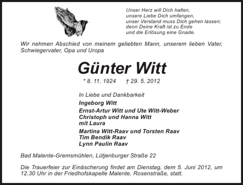  Traueranzeige für Günter Witt vom 02.06.2012 aus Ostholsteiner Anzeiger