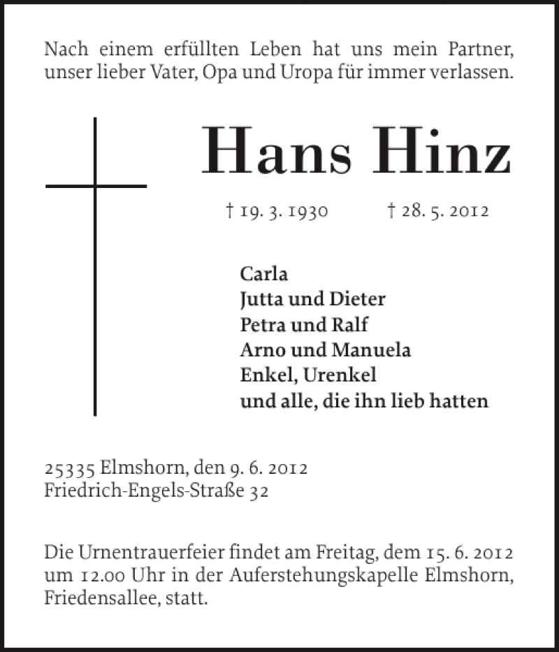  Traueranzeige für Hans Hinz vom 09.06.2012 aus Elmshorner Nachrichten