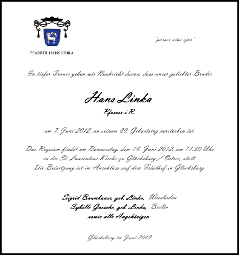  Traueranzeige für Hans Linka vom 11.06.2012 aus Flensburger Tageblatt