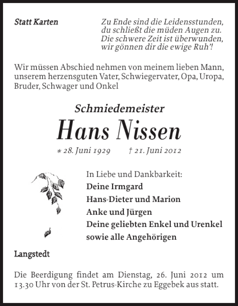  Traueranzeige für Hans Nissen vom 23.06.2012 aus Flensburger Tageblatt