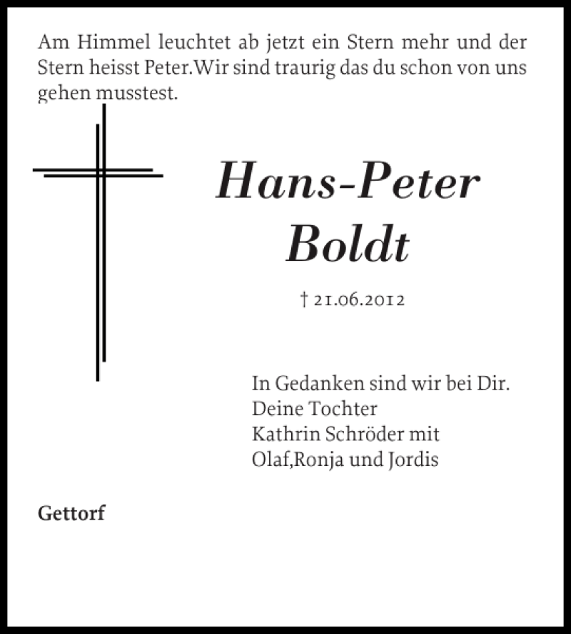  Traueranzeige für Hans-Peter Boldt vom 23.06.2012 aus Eckernförder Zeitung