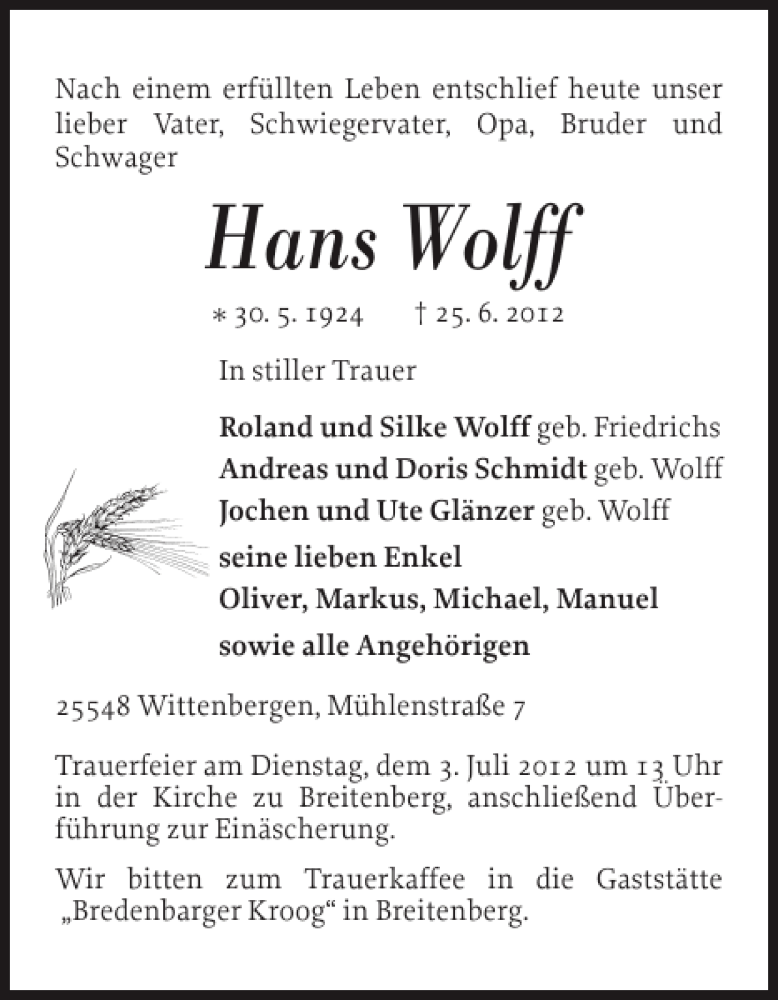  Traueranzeige für Hans Wolff vom 27.06.2012 aus Norddeutsche Rundschau