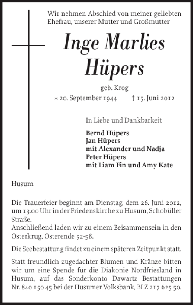  Traueranzeige für Inge Marlies Hüpers vom 20.06.2012 aus Husumer Nachrichten