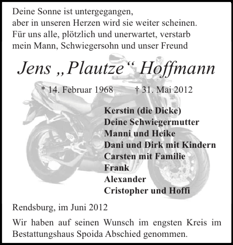  Traueranzeige für Jens Plautze Hoffmann vom 16.06.2012 aus Landeszeitung