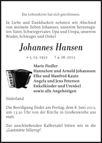 Traueranzeige von Johannes Hansen von Flensburger Tageblatt