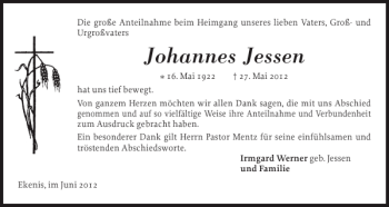 Traueranzeige von Johannes Jessen von Flensburger Tageblatt
