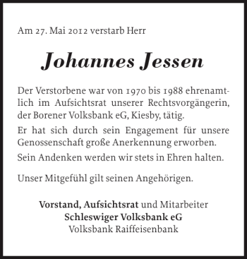 Traueranzeige von Johannes Jessen von Schleswiger Nachrichten
