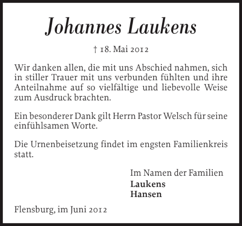  Traueranzeige für Johannes Laukens vom 12.06.2012 aus Flensburger Tageblatt