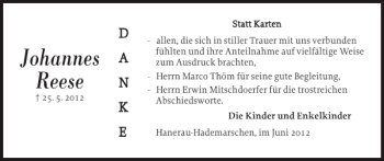 Traueranzeige von Johannes Reese von Landeszeitung
