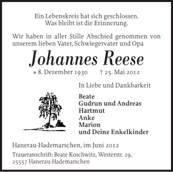 Traueranzeige von Johannes Reese von Landeszeitung