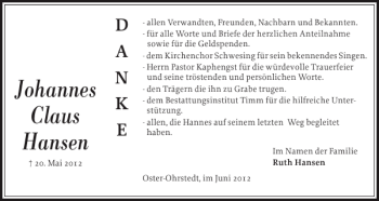 Traueranzeige von Johannes Claus Hansen von Husumer Nachrichten