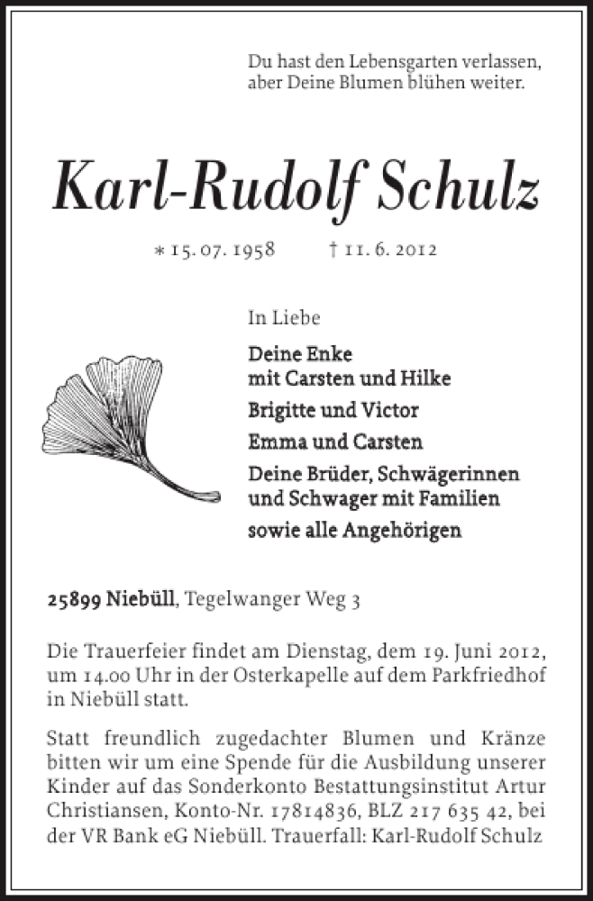  Traueranzeige für Karl-Rudolf Schulz vom 15.06.2012 aus Nordfriesland Tageblatt