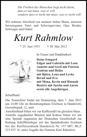 Traueranzeige von Kurt Rahmlow von Flensburger Tageblatt
