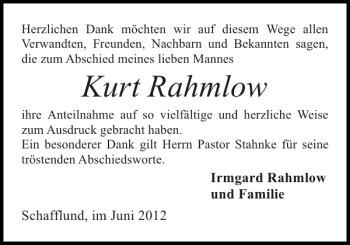 Traueranzeige von Kurt Rahmlow von Flensburger Tageblatt