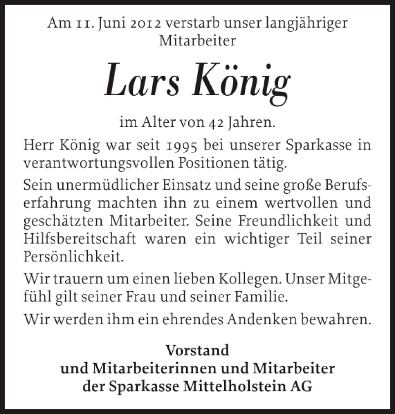  Traueranzeige für Lars König vom 16.06.2012 aus Landeszeitung