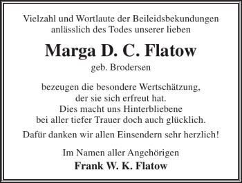 Traueranzeige von Marga D. C. Flatow von Eckernförder Zeitung