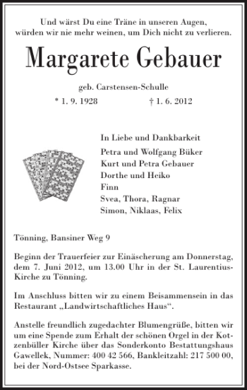 Traueranzeige von Margarete Gebauer von Husumer Nachrichten