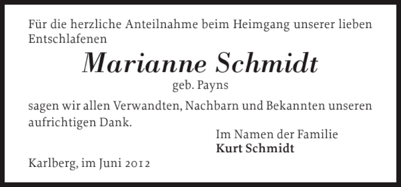  Traueranzeige für Marianne Schmidt vom 02.06.2012 aus Schlei-Bote
