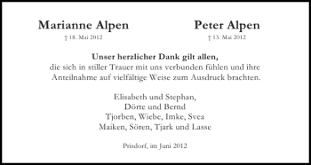 Traueranzeige von Marianne Alpen Peter Alpen von Pinneberger Tageblatt