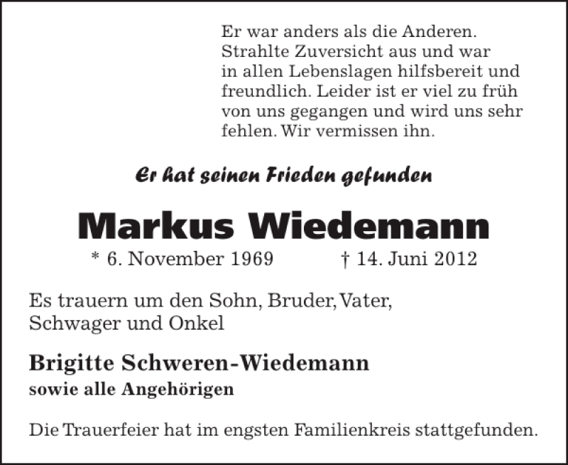  Traueranzeige für Markus Wiedemann vom 23.06.2012 aus Pinneberger Tageblatt