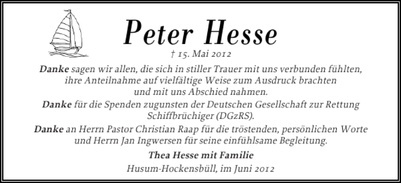  Traueranzeige für Peter Hesse vom 21.06.2012 aus Husumer Nachrichten