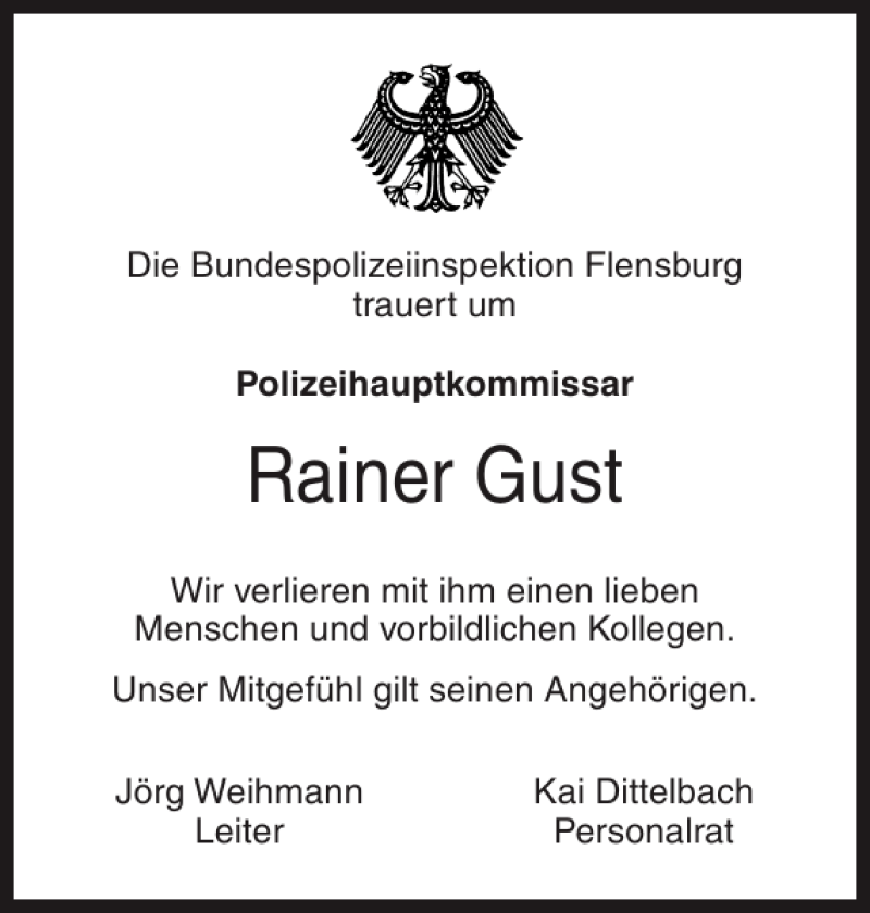  Traueranzeige für Rainer Gust vom 01.06.2012 aus Flensburger Tageblatt