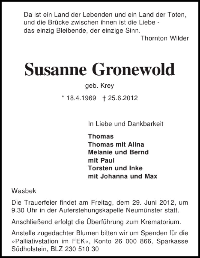  Traueranzeige für Susanne Gronewold vom 28.06.2012 aus Holsteinischer Courier