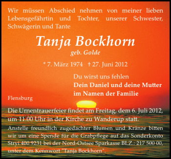 Traueranzeige von Tanja Bockhorn von Flensburger Tageblatt