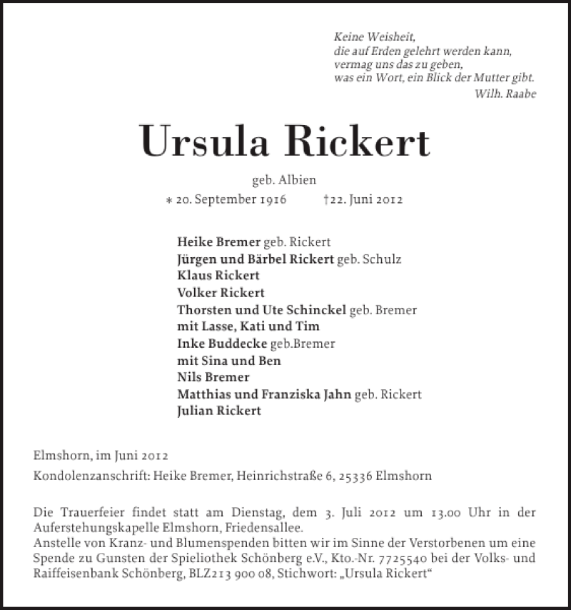  Traueranzeige für Ursula Rickert vom 30.06.2012 aus Elmshorner Nachrichten