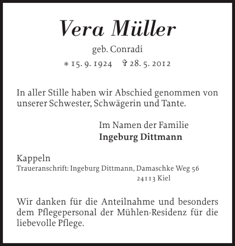  Traueranzeige für Vera Müller vom 30.06.2012 aus Schlei-Bote