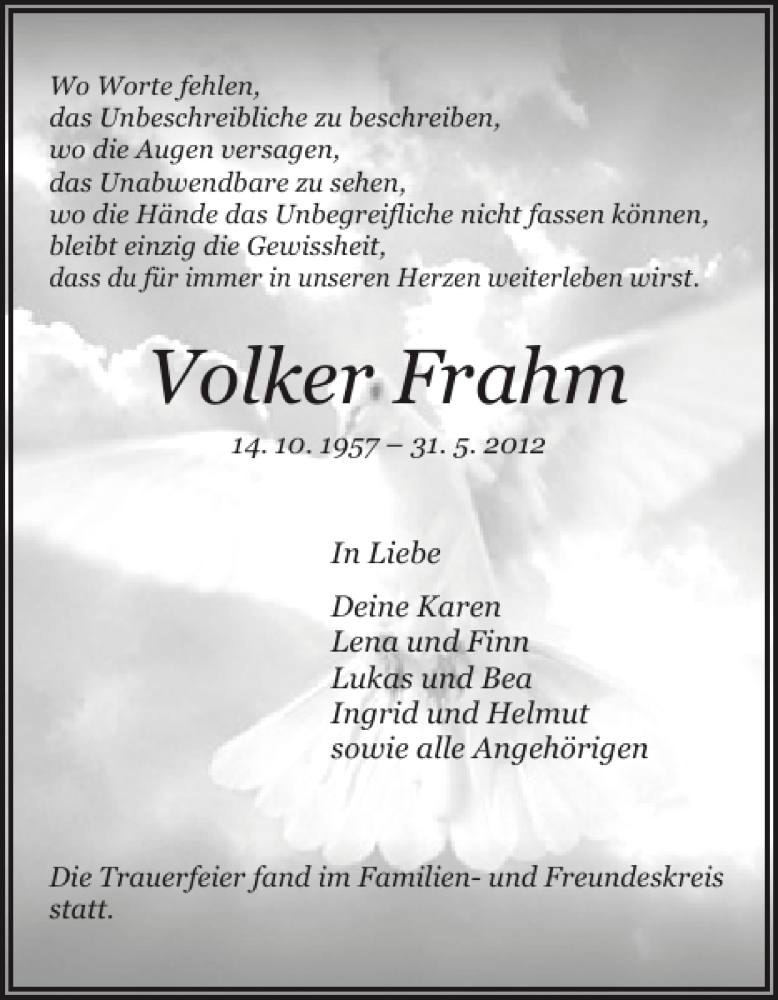  Traueranzeige für Volker Frahm vom 05.06.2012 aus Schleswiger Nachrichten