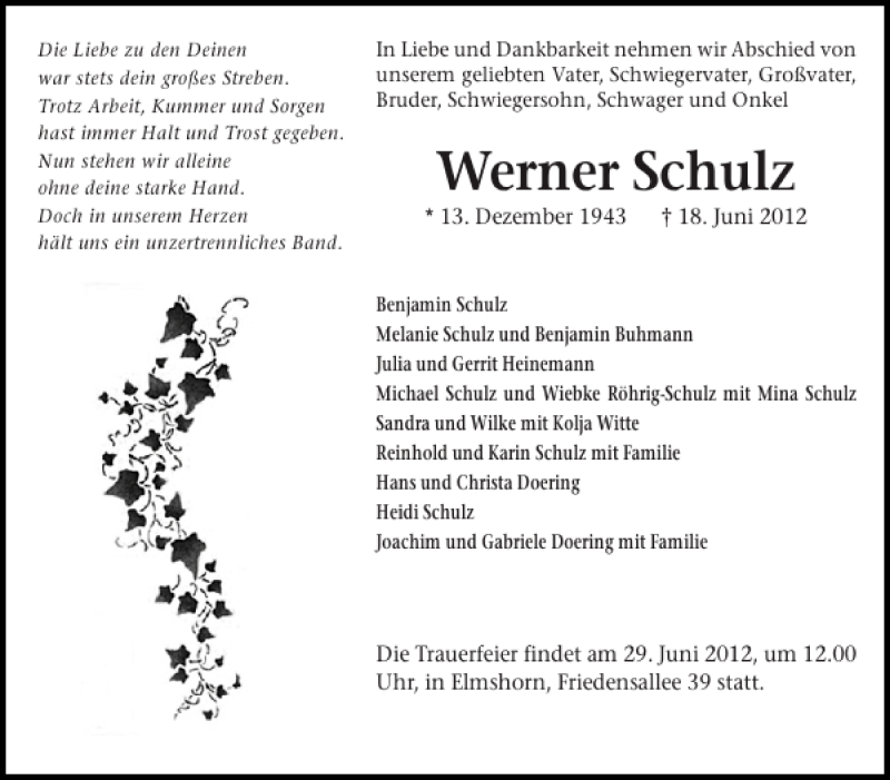  Traueranzeige für Werner Schulz vom 23.06.2012 aus Pinneberger Tageblatt