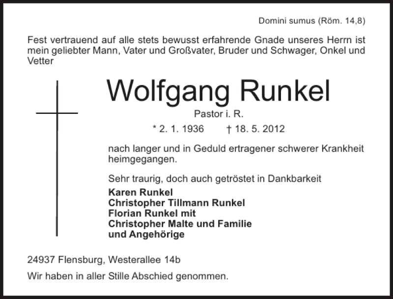  Traueranzeige für Wolfgang Runkel vom 02.06.2012 aus Flensburger Tageblatt