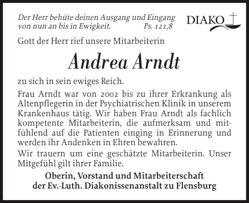  Traueranzeige für Andrea Arndt vom 27.07.2012 aus Flensburger Tageblatt