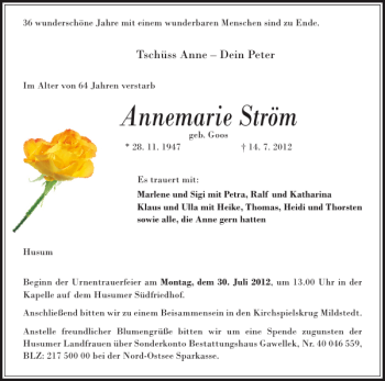 Traueranzeige von Annemarie Ström von Flensburger Tageblatt