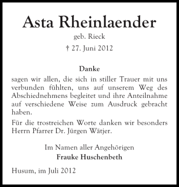 Traueranzeige von Asta Rheinlaender von Ostholsteiner Anzeiger