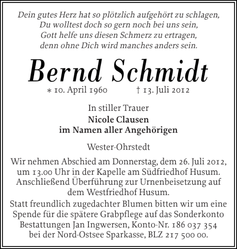  Traueranzeige für Bernd Schmidt vom 21.07.2012 aus Husumer Nachrichten