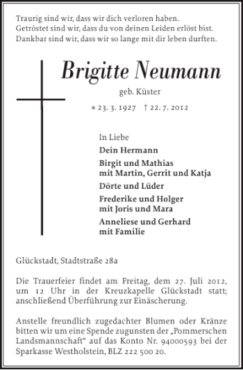 Traueranzeige von Brigitte Neumann von Norddeutsche Rundschau