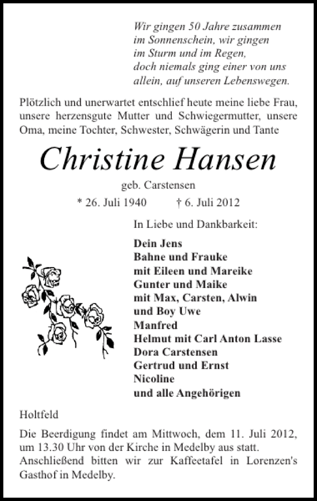  Traueranzeige für Christine Hansen vom 09.07.2012 aus Flensburger Tageblatt