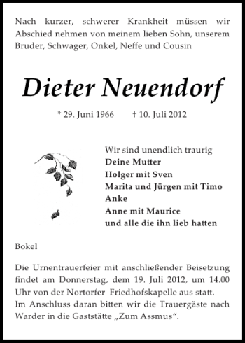 Traueranzeige von Dieter Neuendorf von Landeszeitung