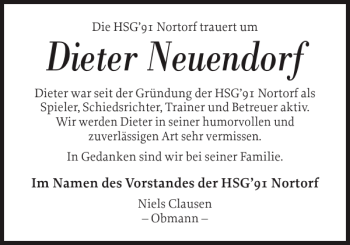 Traueranzeige von Dieter Neuendorf von Landeszeitung