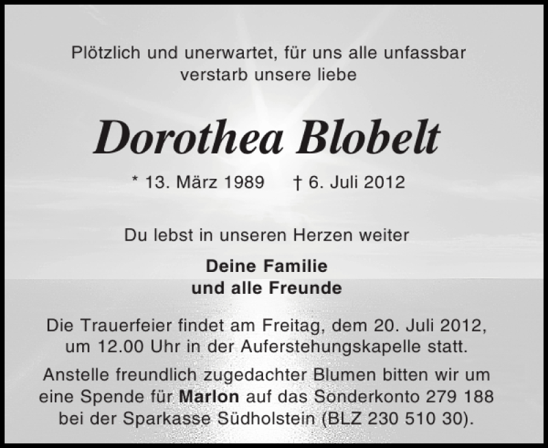  Traueranzeige für Dorothea Blobelt vom 17.07.2012 aus Holsteinischer Courier