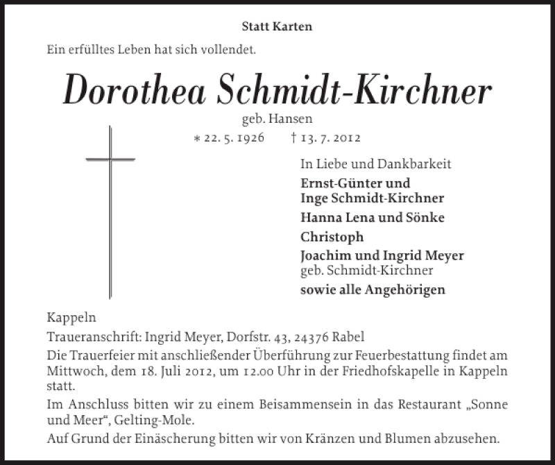  Traueranzeige für Dorothea Schmidt-Kirchner vom 16.07.2012 aus Flensburger Tageblatt