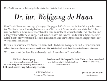 Traueranzeige von Dr. iur. Wolfgang de Haan von Landeszeitung