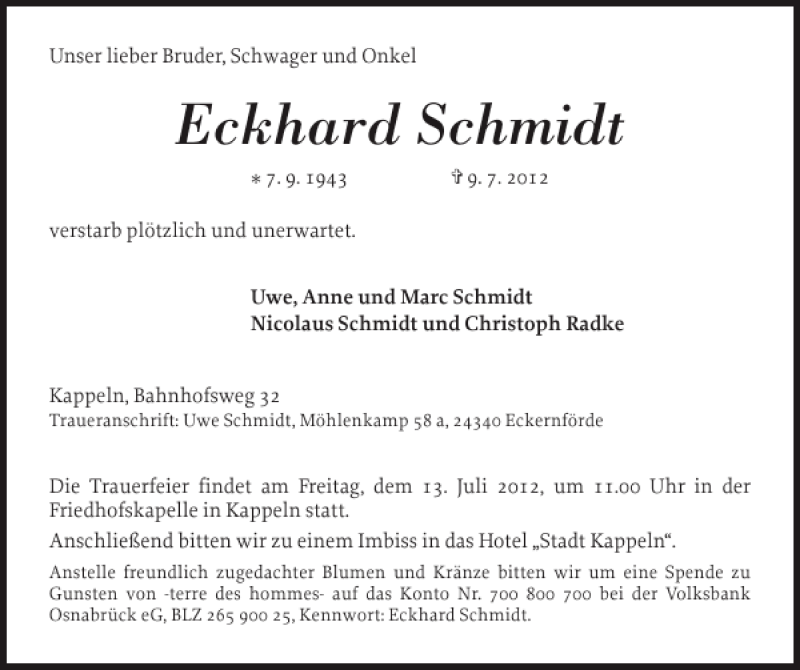  Traueranzeige für Eckhard Schmidt vom 11.07.2012 aus Schleswiger Nachrichten